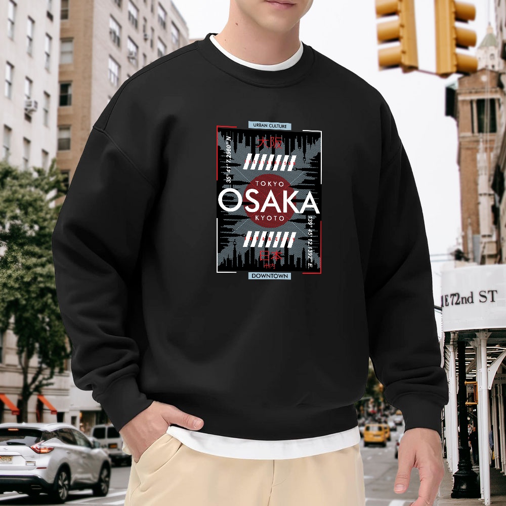 Street Fashion Osaka - Men's Black Crew Neck Pullover Sweatshirt,