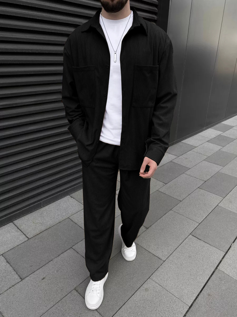 Street Fashion Outfit For Men - Men's corduroy two-piece outfit: long-sleeved button-down