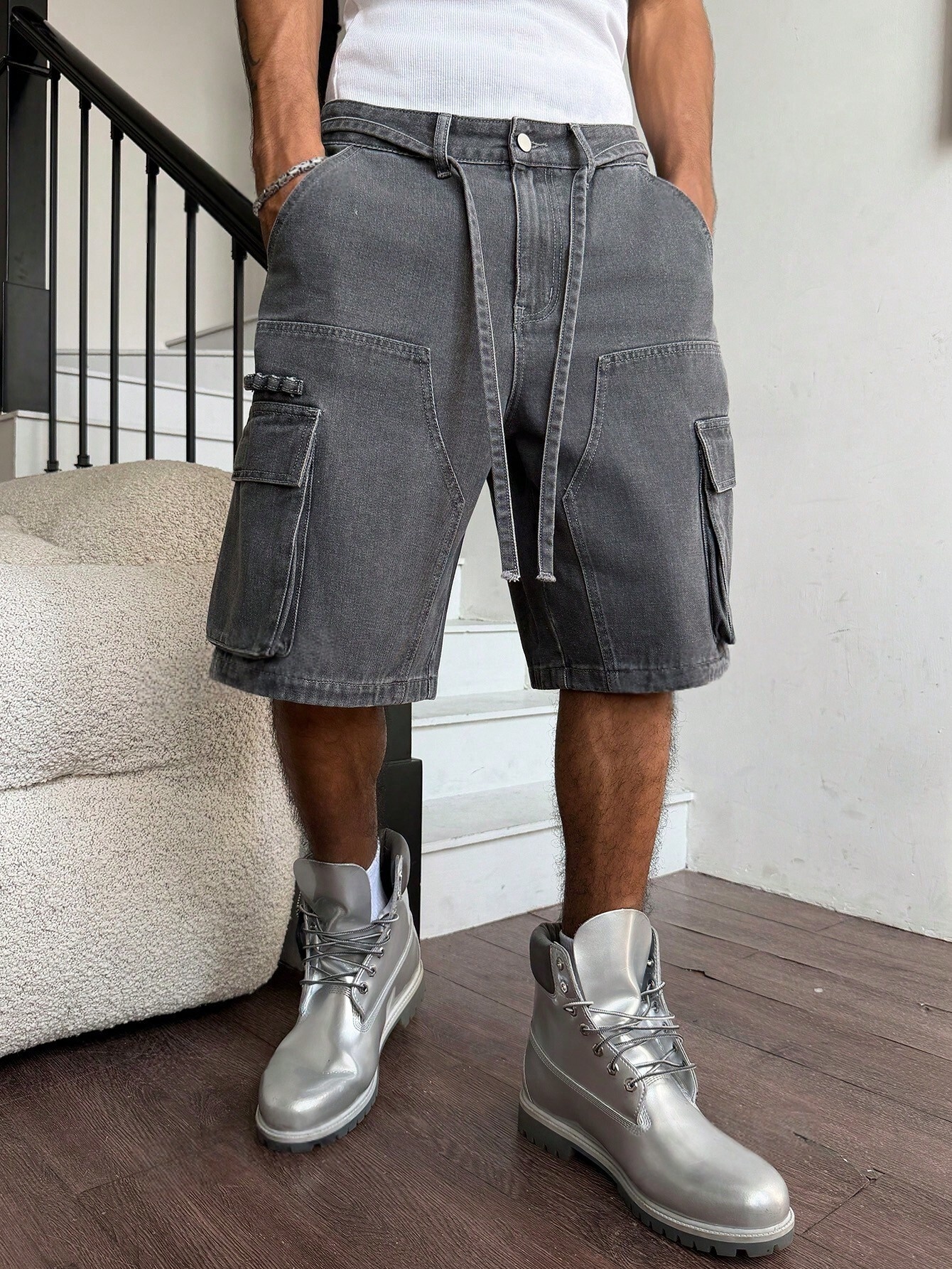 Men Grey Washed Cargo Denim Sh – Street Fashion Jeans recenzja i cena