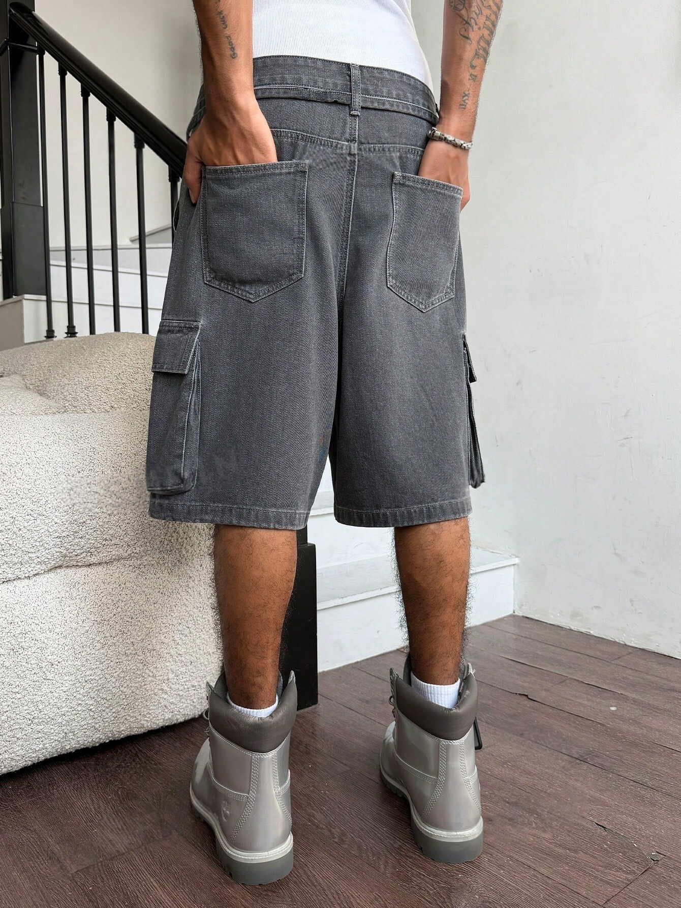 Men Grey Washed Cargo Denim Sh – Street Fashion Jeans recenzja i cena