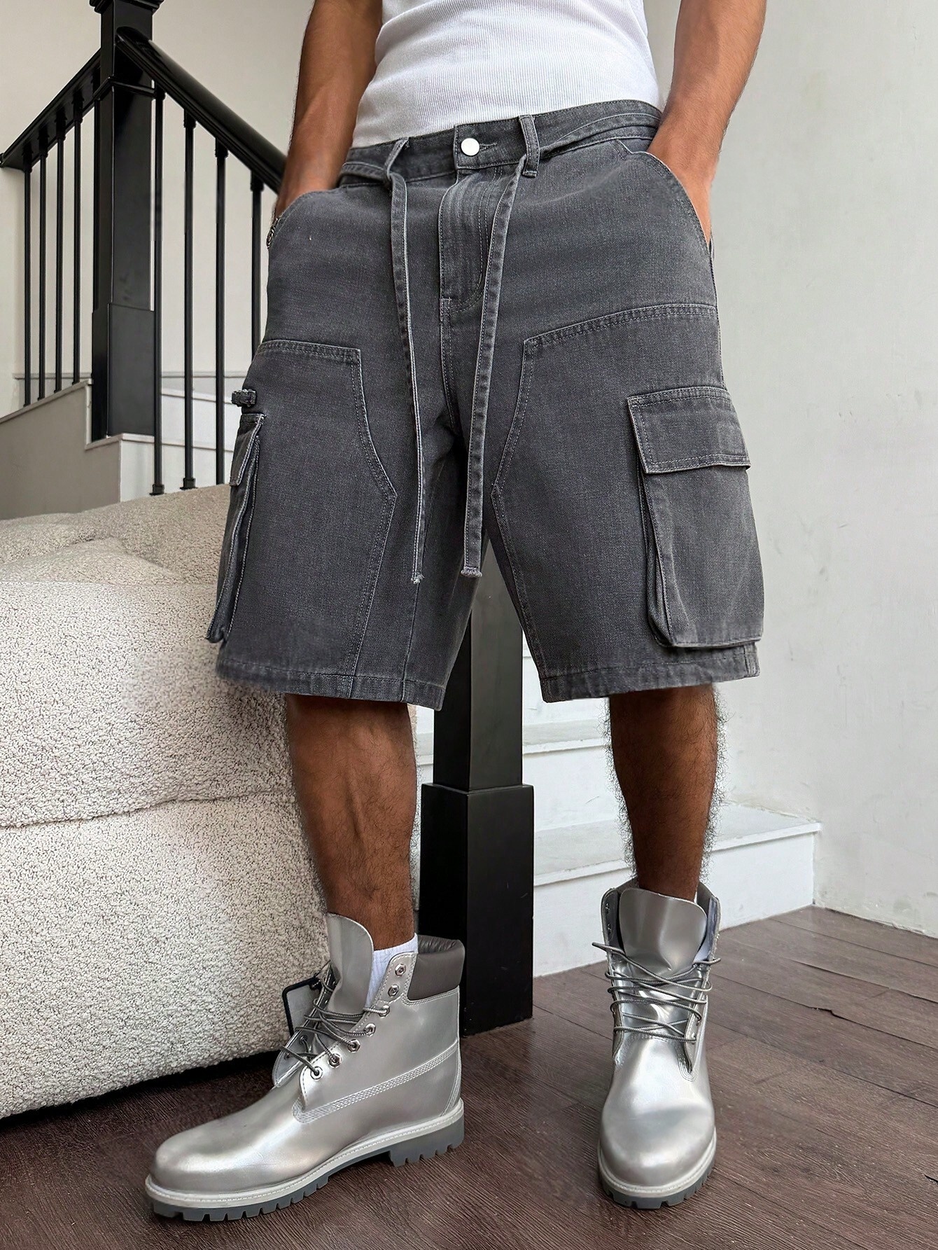 Men Grey Washed Cargo Denim Sh – Street Fashion Jeans recenzja i cena