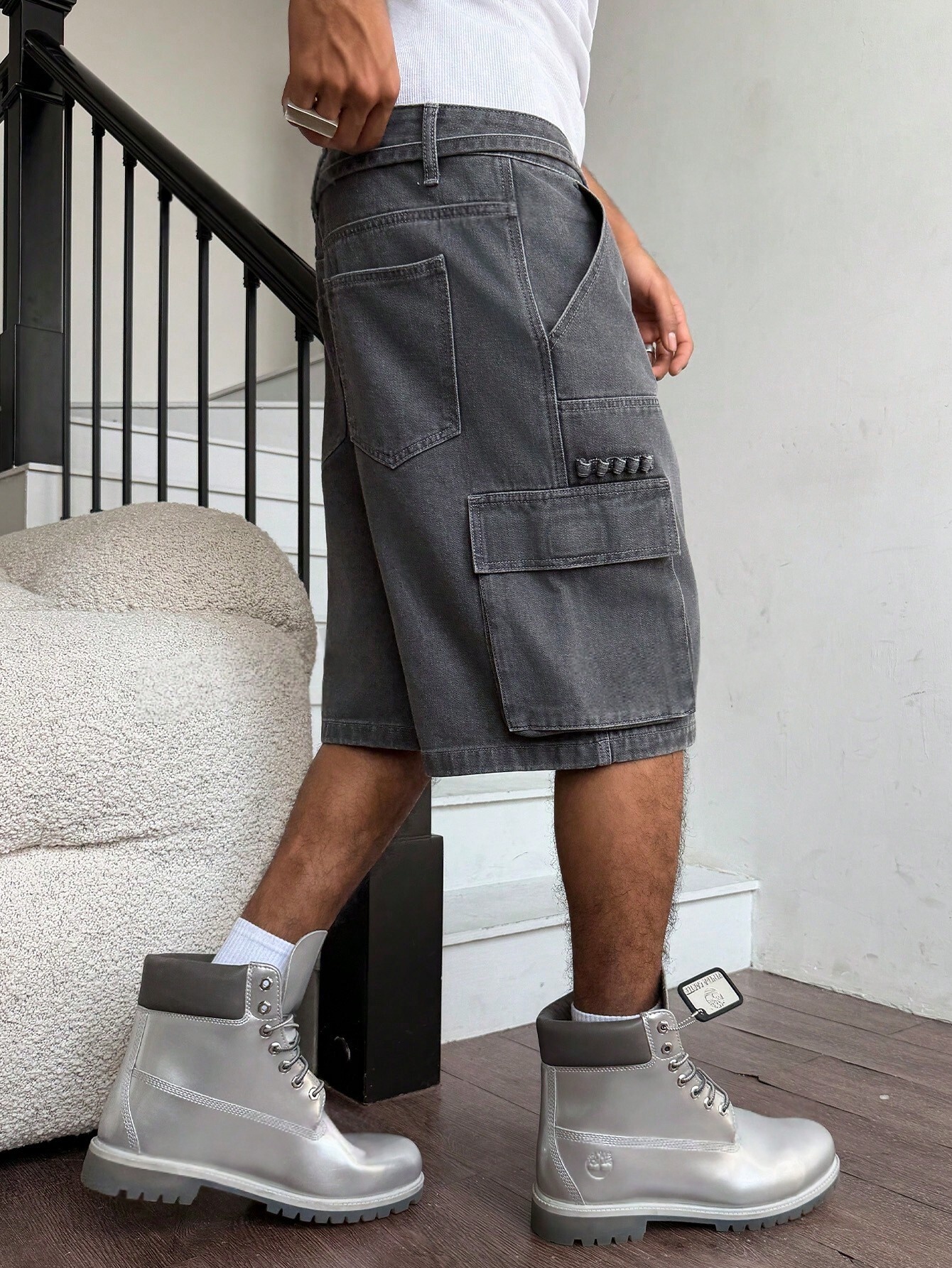 Men Grey Washed Cargo Denim Sh – Street Fashion Jeans recenzja i cena